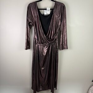 Ashley Stewart Curvy Girl 2X Metallic Rose Gold Plunge Wrap Midi Dress Party NWT